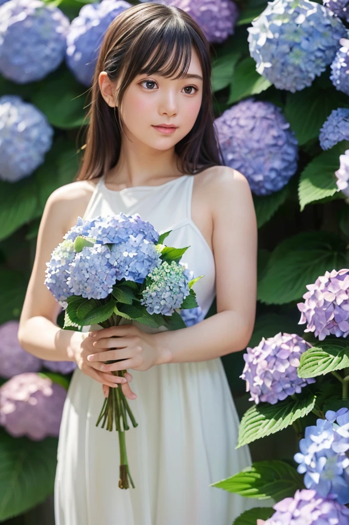 (RAW Photos、Highest quality、masterpiece、Realistic photo:1.3)、(Realistic:1.4)、Dramatic lighting、Pastel Color Palette、Super detailed、high resolution、(Detailed Background、The background is blurry、Depth of written boundary:1.6)、Pretty girl、Slender body、smile、Straight Hair、Long Hair、bangs、(Ballet poses、Dynamic pose)、Dynamic Angle、(Hydrangea Dress、Hydrangea Dress、sexy:1.5)、Hydrangea in the foreground、hydrangea in the background、Super Close-up、