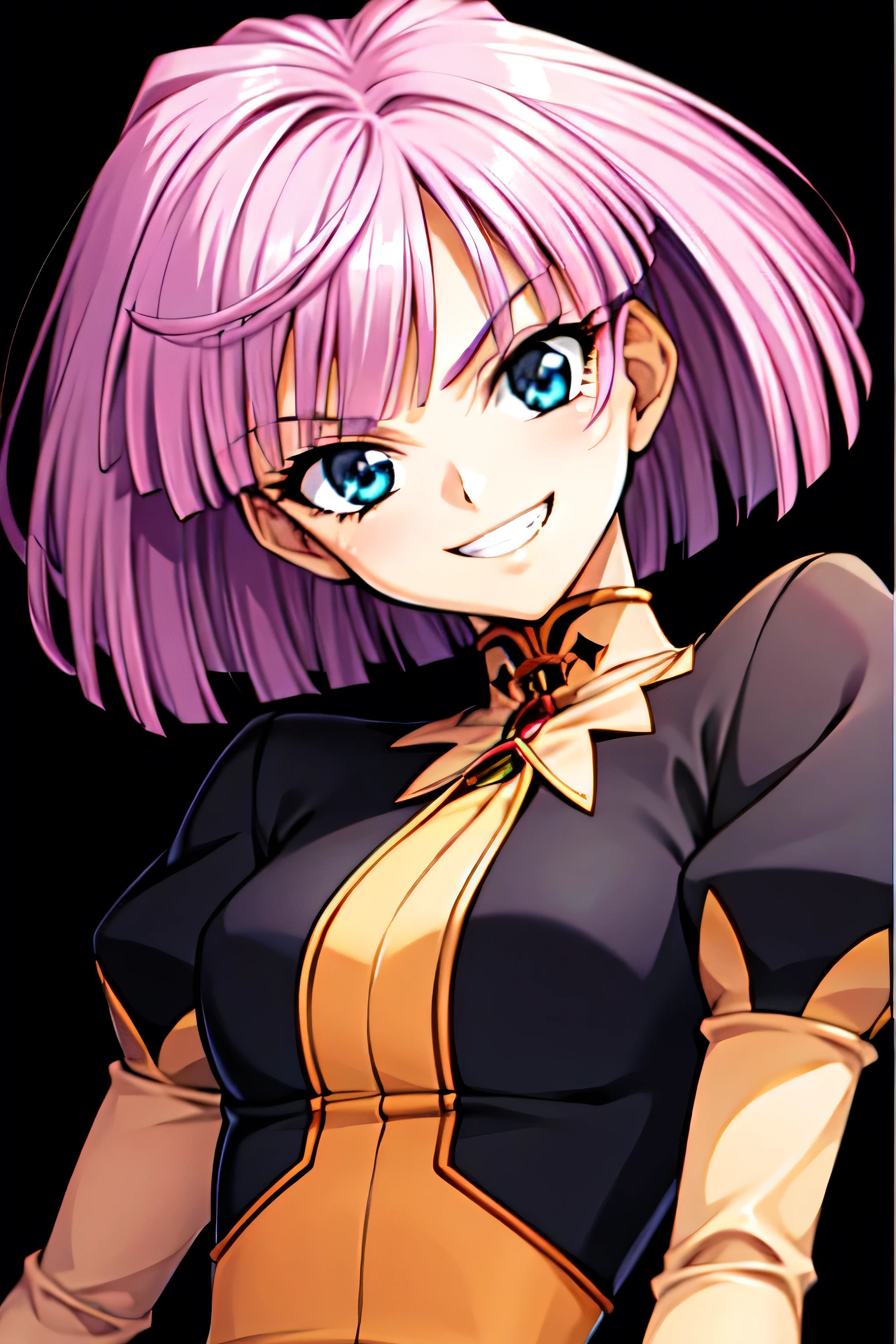 (best_quality 4K, 8K, High resolution, Masterpiece: 1.2), ultra detailed),from_below,(anime_screencap),(1girl,solo),dynamic_angle,too evil_smile,too evil laugh at,tis,deep shaded_face,too sadistic,smile worst,,bob short hair,,,looking at viewer,upper body,black background,too worst smile,too bad smile,