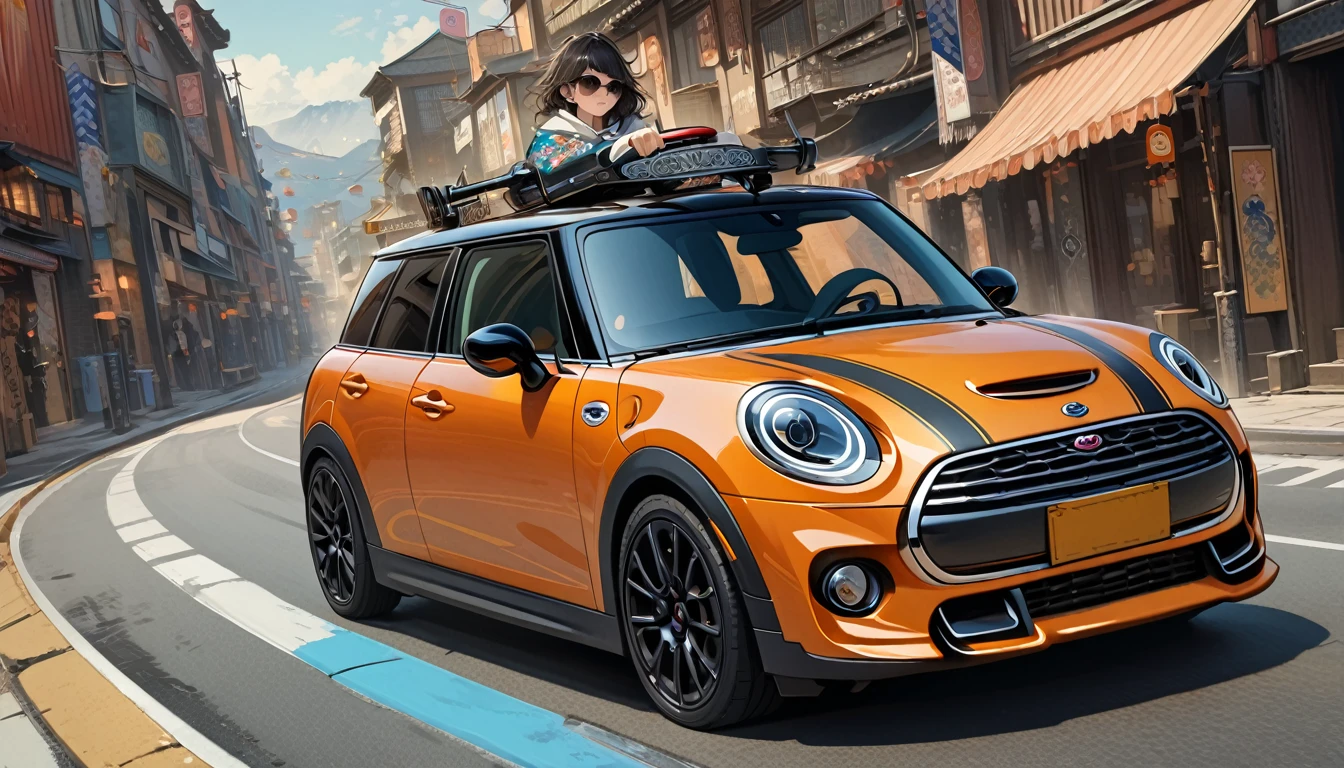 ((8k of extremely detailed CG unit, Masterpiece, high resolution, highest quality, highest quality real texture skin)), (wearing Japanese pattern headphones), ((1 girl)), (((Driving a Mini Cooper))), (((sunglasses))), (Japanese pattern hoodie, Japanese-style shorts), (Black hair, messy hair, beige skin), (surreal, digital painting)