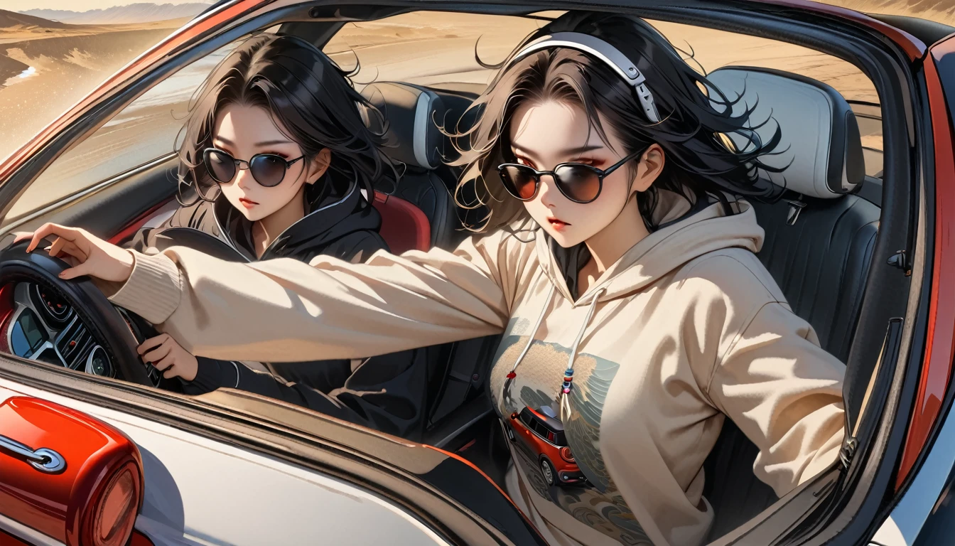((8k of extremely detailed CG unit, Masterpiece, high resolution, highest quality, highest quality real texture skin)), (wearing Japanese pattern headphones), ((1 girl)), (((Mini Cooper Driving))), (((sunglasses))), (Japanese pattern hoodie, Japanese-style shorts), (Black hair, messy hair, beige skin), (surreal, digital painting)