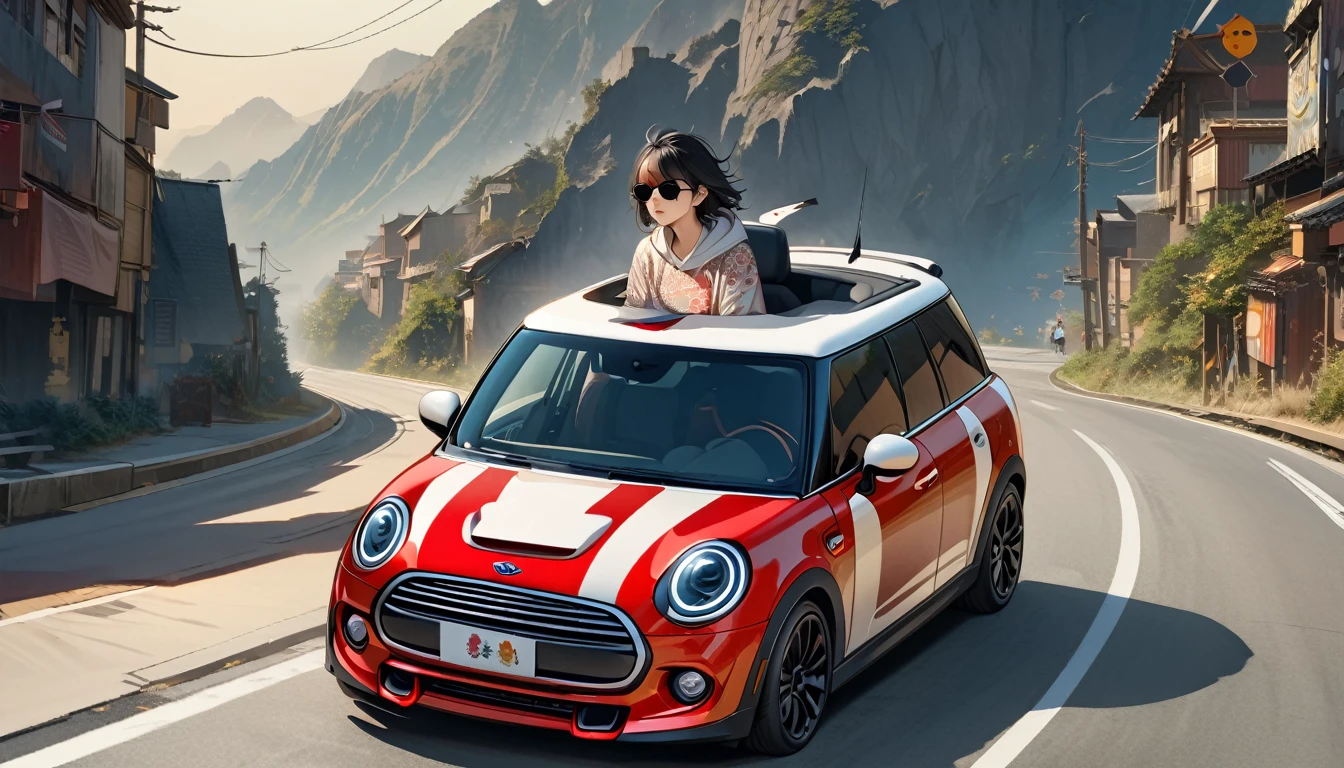 ((8k of extremely detailed CG unit, Masterpiece, high resolution, highest quality, highest quality real texture skin)), (wearing Japanese pattern headphones), ((1 girl)), (((Driving a Mini Cooper))), (((sunglasses))), (Japanese pattern hoodie, Japanese-style shorts), (Black hair, messy hair, beige skin), (surreal, digital painting)