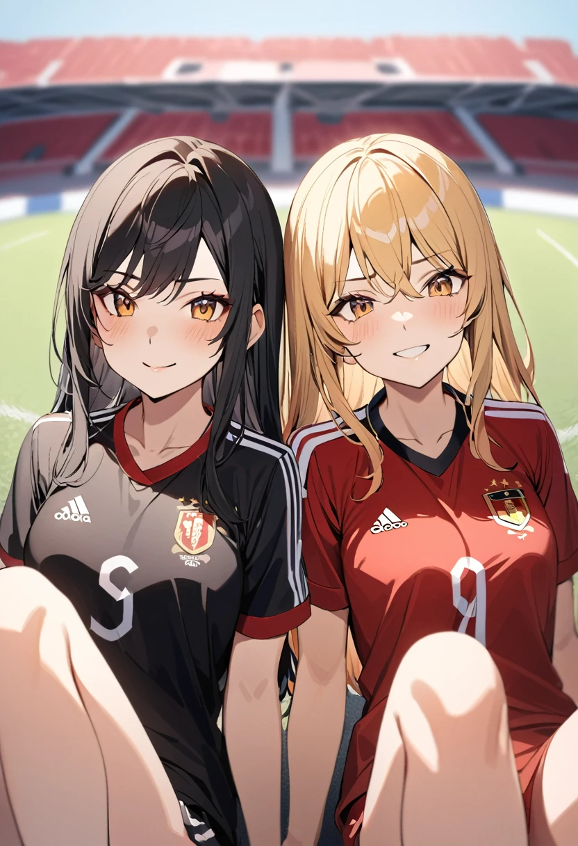 (award winning, 8k, super detailed, high resolution, best quality) , photography, (two girls), girl on the left with blonde hair in ((spain soccer uniform)) and smirk expression, girl on the right with black hair in ((germany soccer uniform)) and (timid expression), (sitting side by side), ((beautiful girls)), watching football.