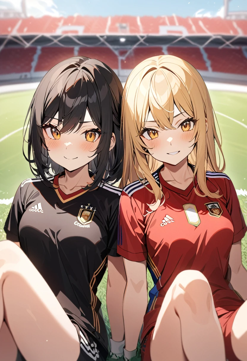 (award winning, 8k, super detailed, high resolution, best quality) , photography, (two girls), girl on the left with blonde hair in ((spain soccer uniform)) and smirk expression, girl on the right with black hair in ((germany soccer uniform)) and (timid expression), (sitting side by side), ((beautiful girls)), watching football.