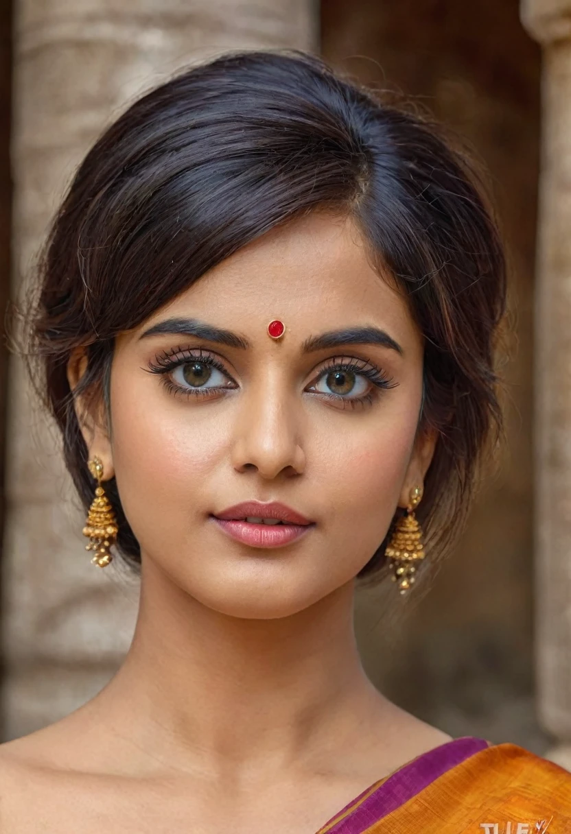 "(best quality,highres), Indian woman at temple, wearing sari, beautiful detailed eyes and lips, short haircut, long eyelashes, realistic rendering, vibrant hues, high resolution, ultra-detailed, realistic rendering, high-resolution masterpiece, ", (woman's appearance is curved and attractive),