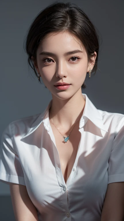 masterpiece,Highest quality,One girl,Very detailed,Improves skin quality,Ultra-high resolution,Very delicate,super high quality,Detailed face,Beautiful Eyes,(short hair:1.3),Beautiful Nose,(Thin collared shirt:1.5),Exposed cleavage,(looking at the camera),((Dark Office Background)),Detailed lighting,Shining Model,Emphasize the chest,Shiny skin,Beautiful shadows,smile,Earrings,necklace,