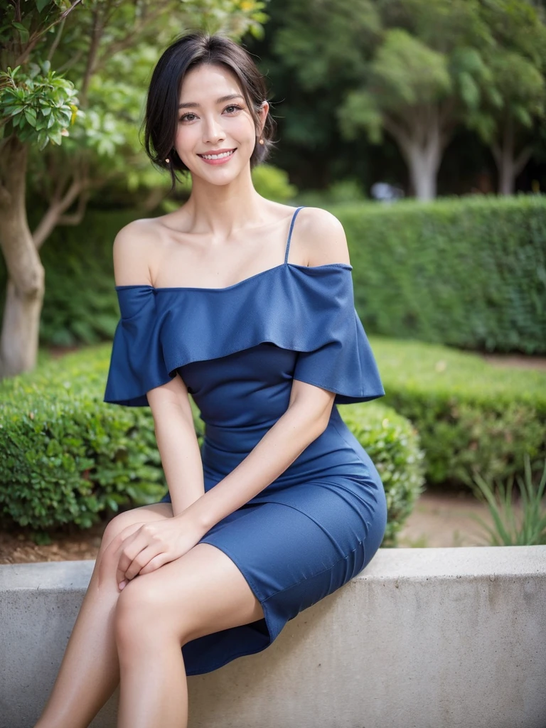 最high quality, 8K, Masseter area, Energetic, Clear focus, high quality, high resolution, Delicate face, Fine particles, thick lips, (Looking at the audience), Solitary, Beautiful woman, 38 years old, Plum, Black short hair, (Blue Off-shoulder Spaghetti Strap Dress:1.5), afternoon、In front of the park garden,(Sitting on a bench:1.5)、((Smile:1.5))、((Wearing black high heels))