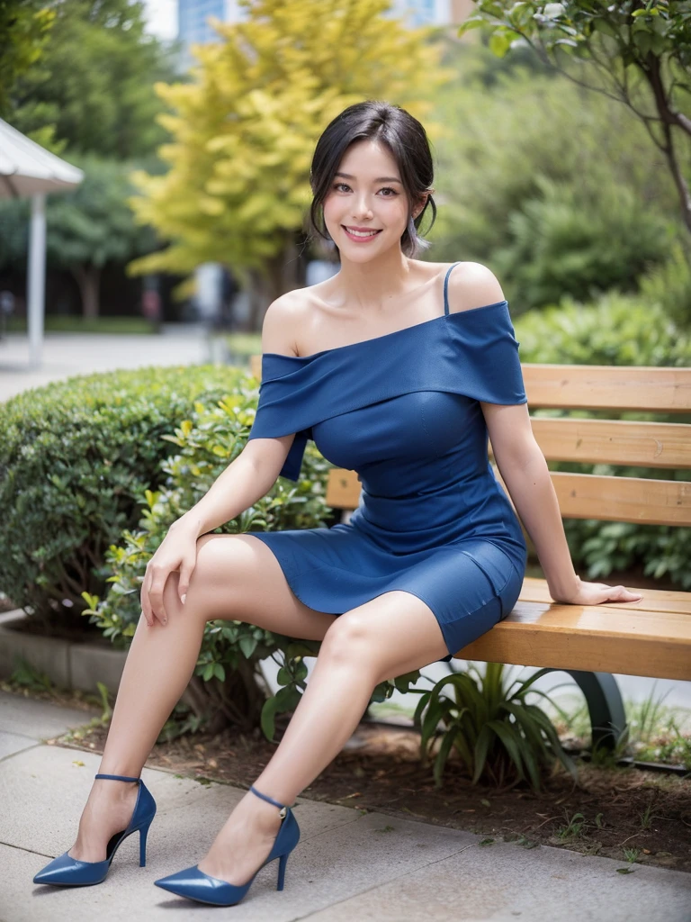 最high quality, 8K, Masseter area, Energetic, Clear focus, high quality, high resolution, Delicate face, Fine particles, thick lips, (Looking at the audience), Solitary, Beautiful woman, 38 years old, Plum, Black short hair,  (Blue Off-shoulder Spaghetti Strap Dress:1.5), afternoon、In front of the park garden,（Sitting on a bench：1.5）、((Smile:1.5))、((Wearing black high heels))