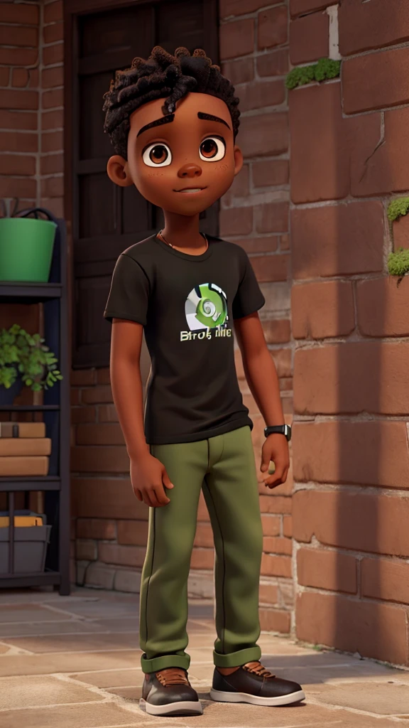 Brown skin boy with black t-shirt and green pants