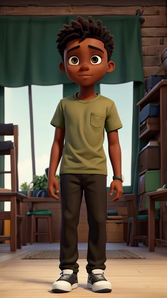 Brown skin boy with black t-shirt and green pants