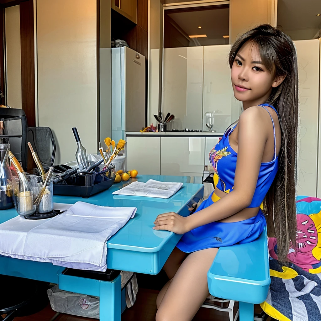 Filipina girl with vacant expression sitting on table