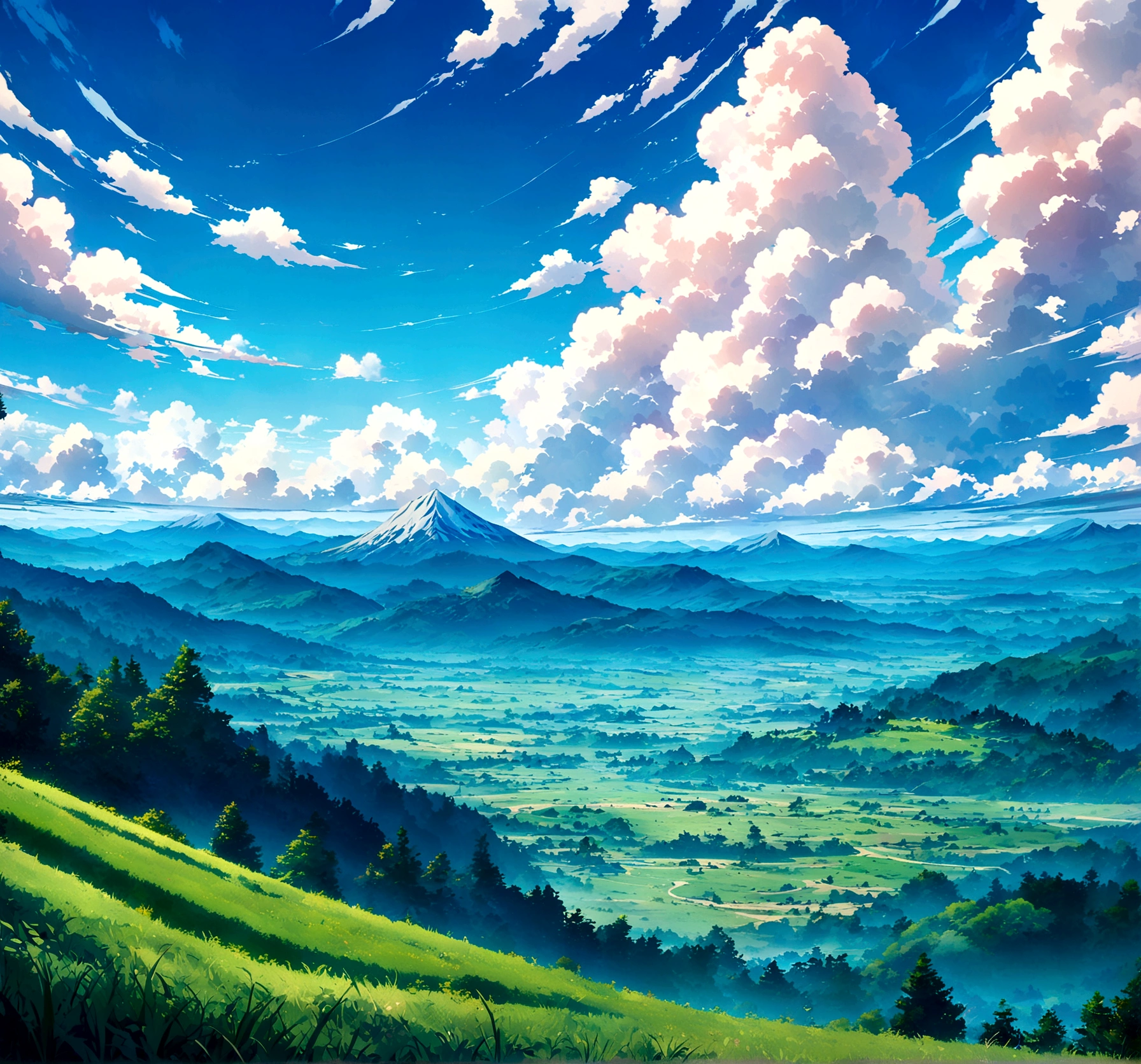 japanes anime style fantasy beautiful day grass sky with mountains in the distance, expansive open field below under blue cloudy skies ,anime landscape, anime art wallpaper 8 K beautiful anime scene,4 K highly detailed digital art