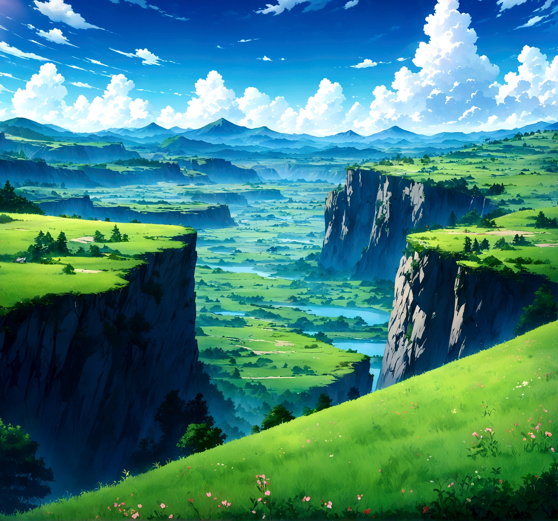 
japanes anime style fantasy beautiful day grass sky with mountains in the distance, expansive open field below under blue cloudy skies ,anime landscape, anime art wallpaper 8 K beautiful anime scene,4 K highly detailed digital art
