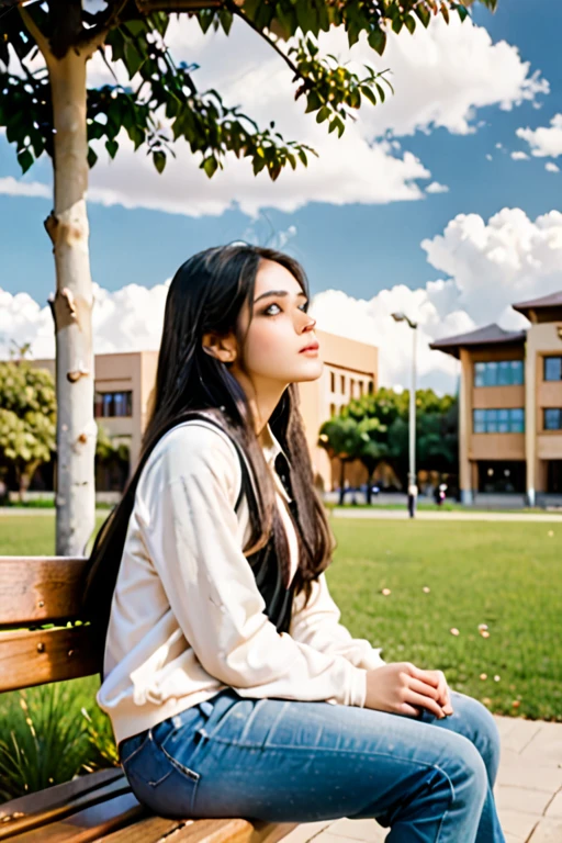 A beautiful student looking at the clouds, sitting on a bench, side profile, almond brown eyes, black long hair, campus background