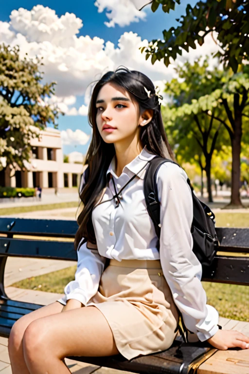 A beautiful student looking at the clouds, sitting on a bench, side profile, almond brown eyes, black long hair, campus background