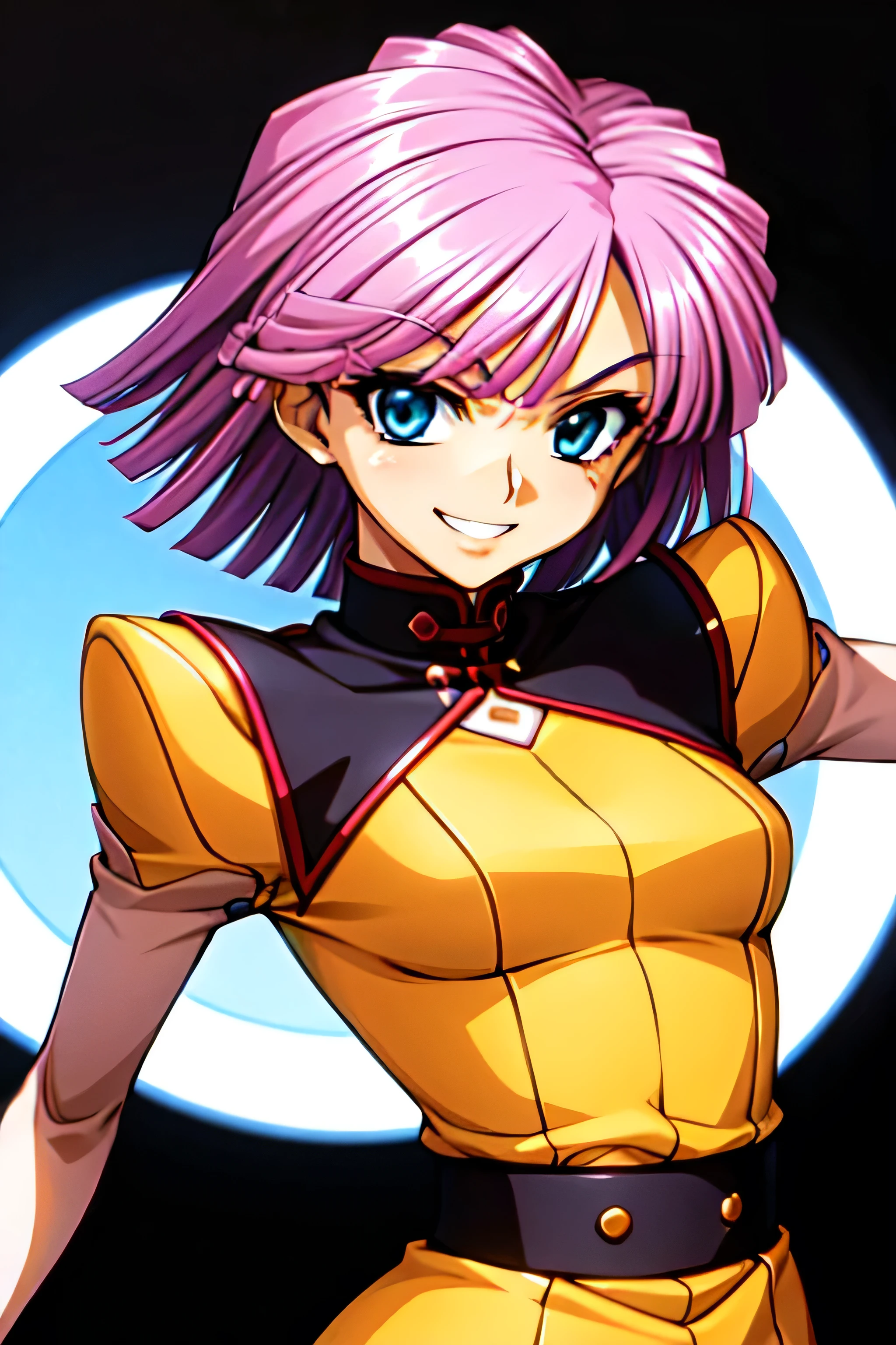 (best_quality 4K, 8K, High resolution, Masterpiece: 1.2), ultra detailed),from_below,(anime_screencap),(1girl,solo),dynamic_angle,too evil_smile,too evil laugh at,tis,deep shaded_face,too sadistic,smile worst,,bob short hair,,,looking at viewer,upper body,black background,too worst smile,too bad smile,