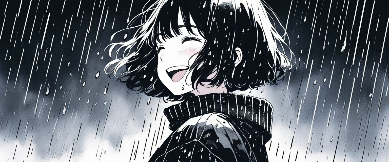 Illustrator, anime , Realistic ,sketch , smile、Laughing with your mouth open、Abstract rain on background、whole body、1 girl, ,lip, sweater,order, Black gradient background, black髪,Short Bob、blacktshirt、Textured Trim, Canadian, (masterpiece,Highest quality) Cancer