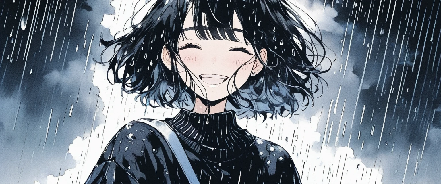 Illustrator, anime , Realistic ,sketch , smile、Laughing with your mouth open、Abstract rain on background、whole body、1 girl, ,lip, sweater,order, Black gradient background, black髪,Short Bob、blacktshirt、Textured Trim, Canadian, (masterpiece,Highest quality) Cancer