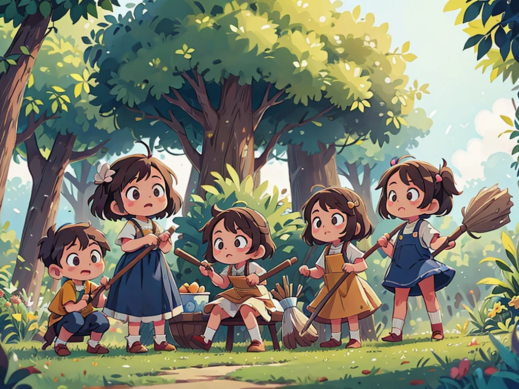 A group of children working，Some hold brooms，Some hold mops，Both men and women