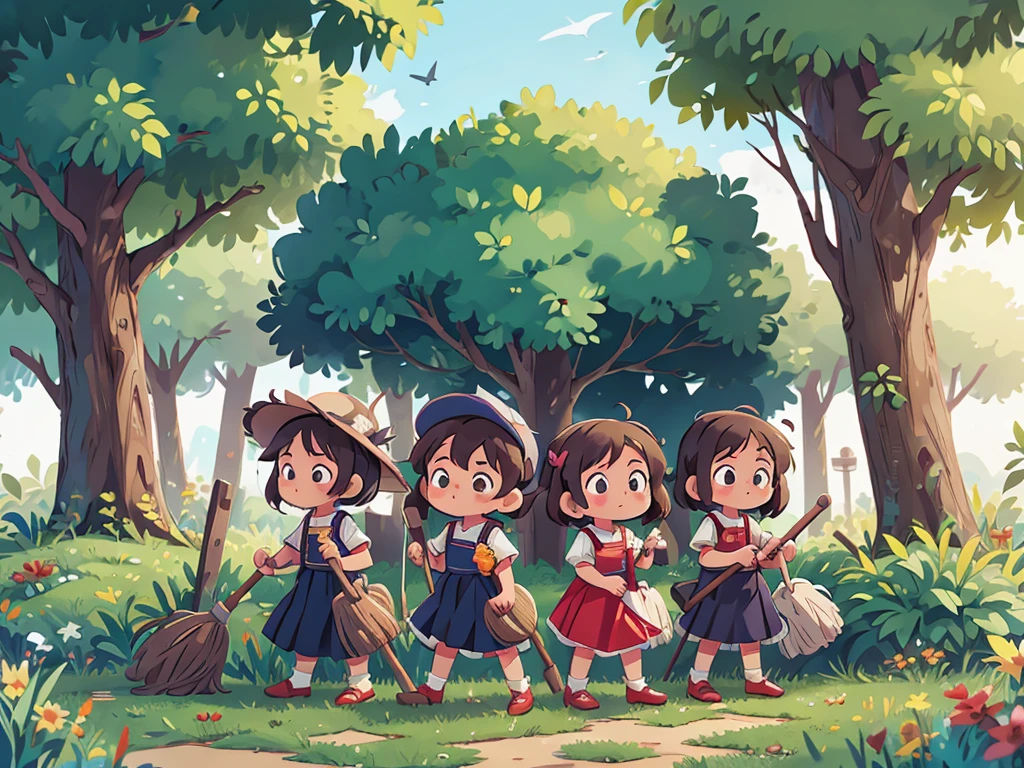A group of children working,Some hold brooms,Some hold mops,Both men and women