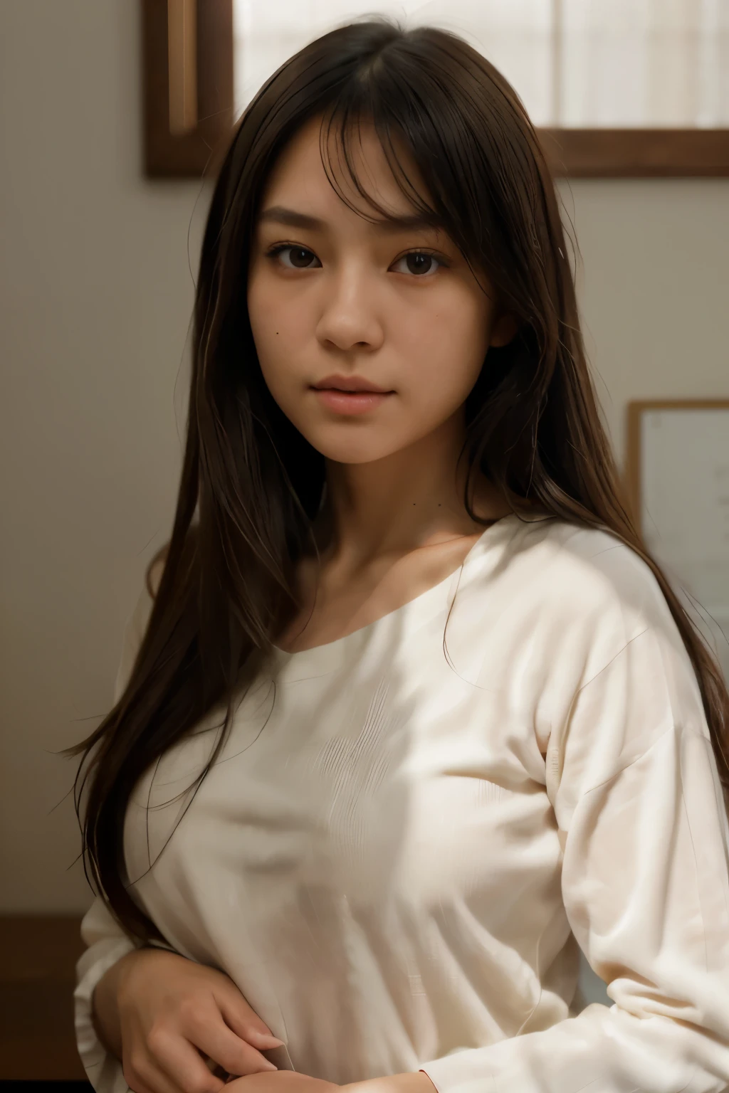 Best Quality, Face Focus, Soft Light, Ultra High Definition, (Photorealism: 1.4), Raw Photo,
1Japanese girl, A, sweetheart, (student, light brown eyes), black bob hair
(Detailed beautiful face, medium breast size),
The face looks straight into the camera, full face
(Ultra-textured details of human skin in high resolution),
(long hair),
in the room,
Damask shirt dress,
(certificate)
