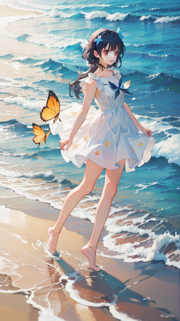 beachside,swell sea,glowworm,As estrelas,glowing butterflies,Hayao Miyazaki anime style