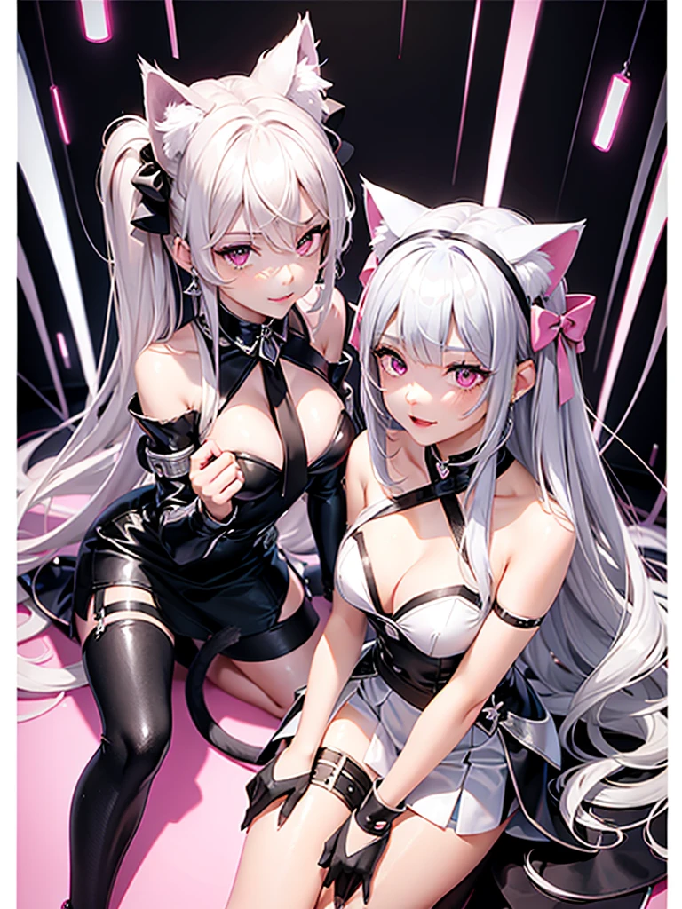 Silver hair, pink eyes, body, cat ears, sexy girl, earrings, background fantasy,uniform, hair bows, sit down, happy face