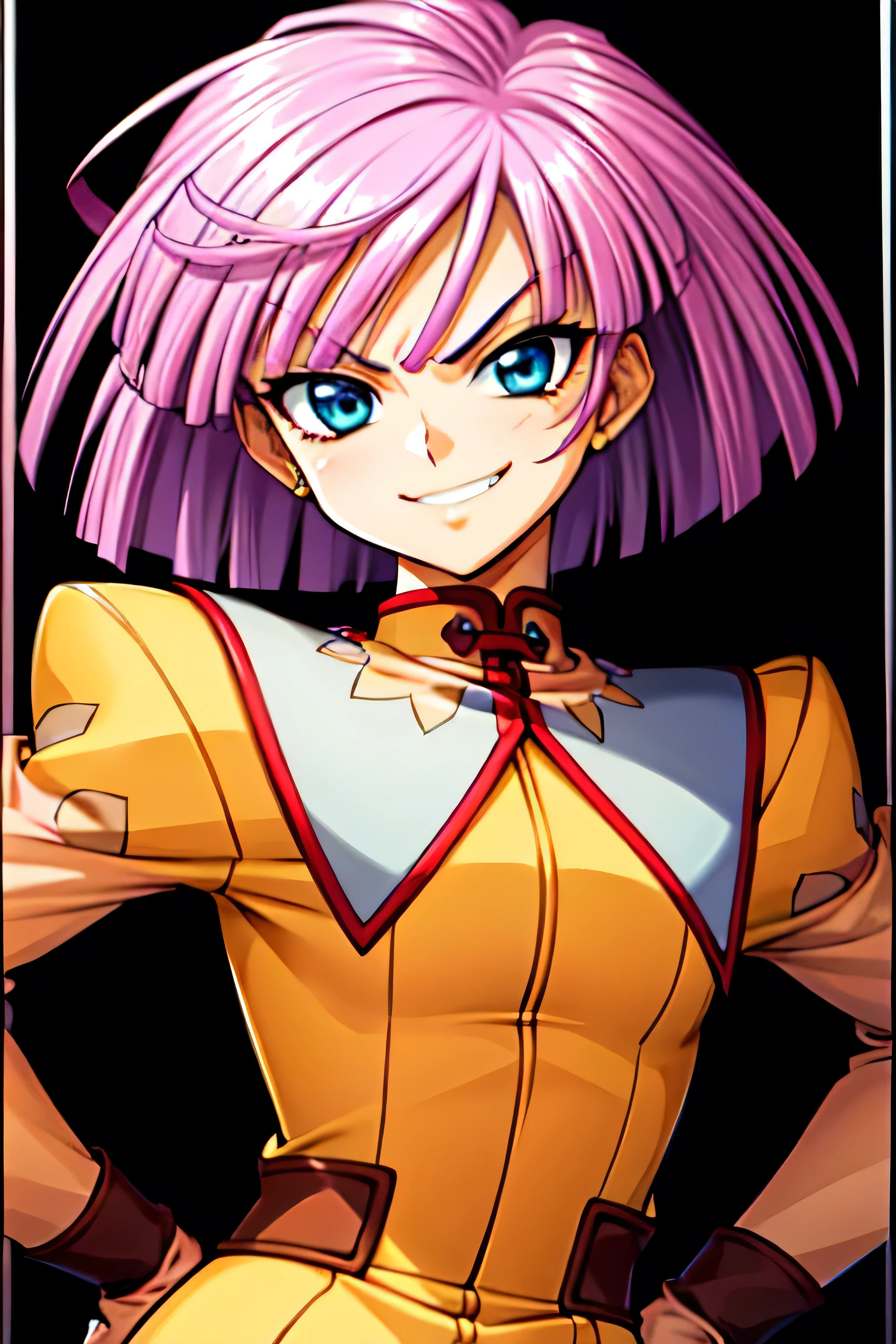 (best_quality 4K, 8K, High resolution, Masterpiece: 1.2), ultra detailed),from_below,(anime_screencap),(1girl,solo),dynamic_angle,too evil_smile,too evil laugh at,tis,deep shaded_face,too sadistic,smile worst,,bob short hair,,,looking at viewer,upper body,black background,too worst smile,too bad smile,too evil smirk,