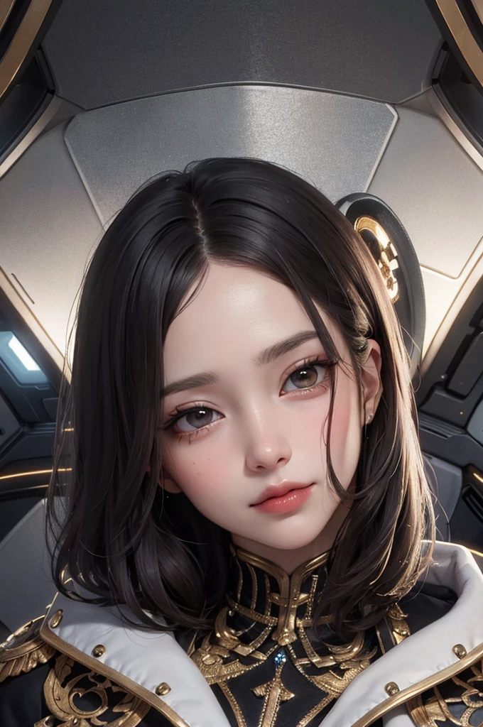 Masterpiece, Best Quality, 8K, Detailed Skin Texture, Detailed Cloth Texture, Beautiful Detail Face, Intricate Detail, Ultra Detailed, Portrait, BLACK Hair, brown Eyes, Head Tilt, Inside the spaceship