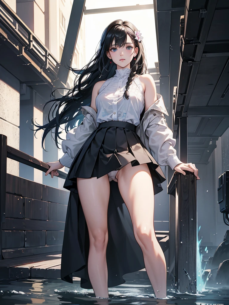 ((Best quality)), ((masterpiece)), (detailed:1.4), 3D, an image of a beautiful cyberpunk girl,HDR (High Dynamic Range),Ray Tracing,NVIDIA RTX,Super-Resolution,Unreal 5,Subsurface scattering,PBR Texturing,Post-processing,Anisotropic Filtering,Depth-of-field,Maximum clarity and sharpness,Multi-layered textures,Albeo and Specular maps,Surface shading,Accurate simulation of light-material interaction,Perfect proportions,Octane Render,Two-tone lighting,Wide aperture,Low ISO,White balance,Rule of thirds,8K RAW,wet panties,white panties,can saw a trace on my underwear ,panties is very wet,The panties are so sheer you can see the pussy,(idle),Spread legs,tattoo between legs,bulge underwear,Both hands were tied,mons pubis,underwear was soaked with water,slender body,one braid on one side,short skirt,Panties visible from under skirt,Floral pattern panties