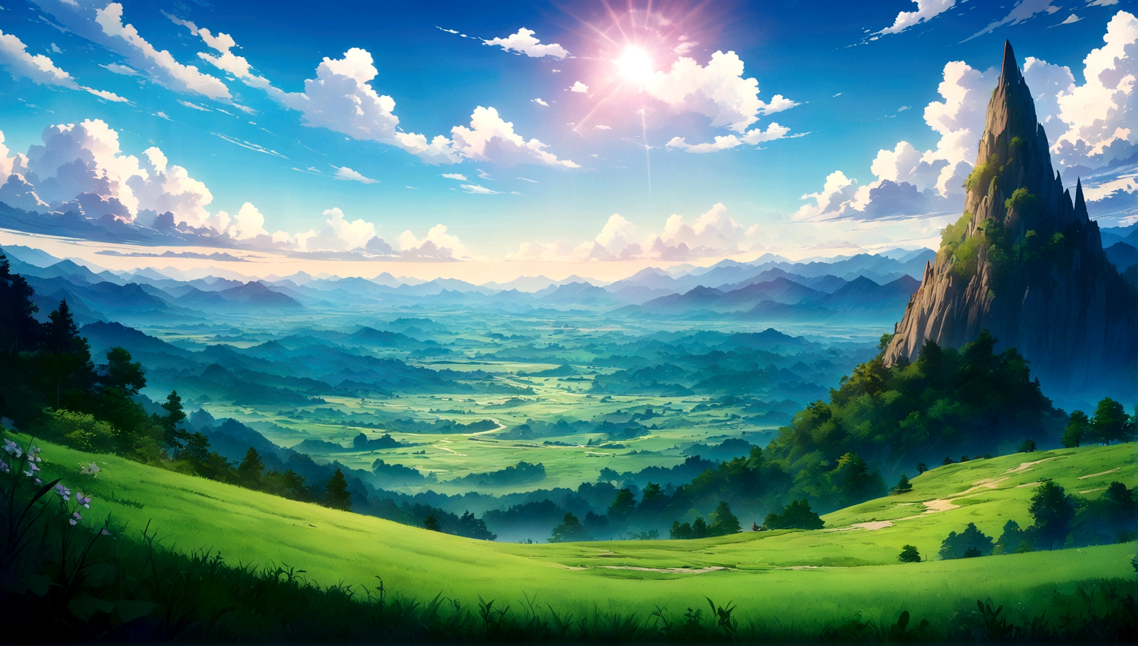 japanes anime style fantasy beautiful day grass sky with towering mountains in the distance,lush forests, An expansive open field below under blue cloudy skies ,anime countryside landscape, anime art wallpaper 8 K beautiful anime scene,anime, 4 K highly detailed digital art