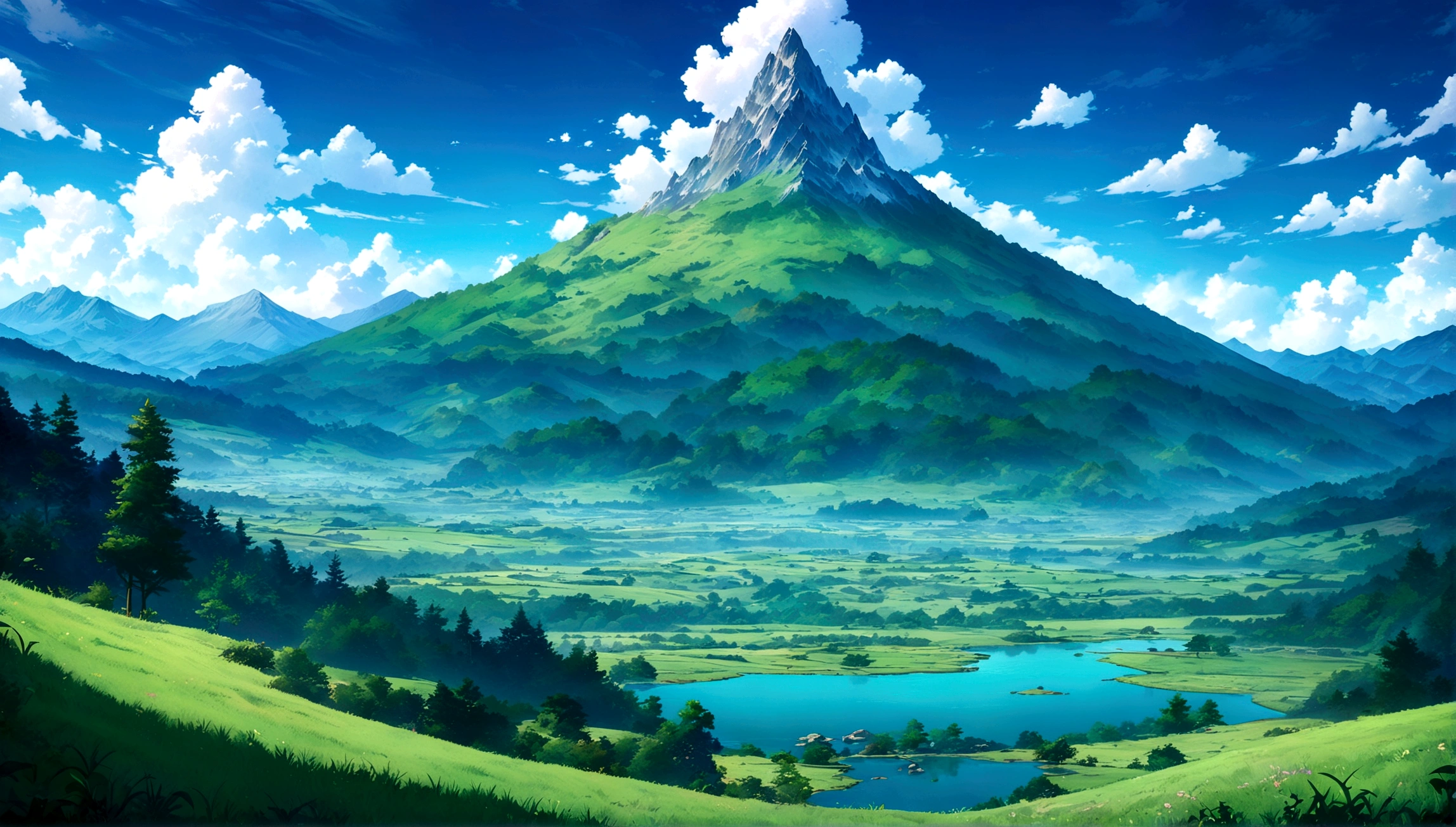 japanes anime style fantasy beautiful day grass sky with towering mountains in the distance,lush forests, An expansive open field below under blue cloudy skies ,anime countryside landscape, anime art wallpaper 8 K beautiful anime scene,anime, 4 K highly detailed digital art