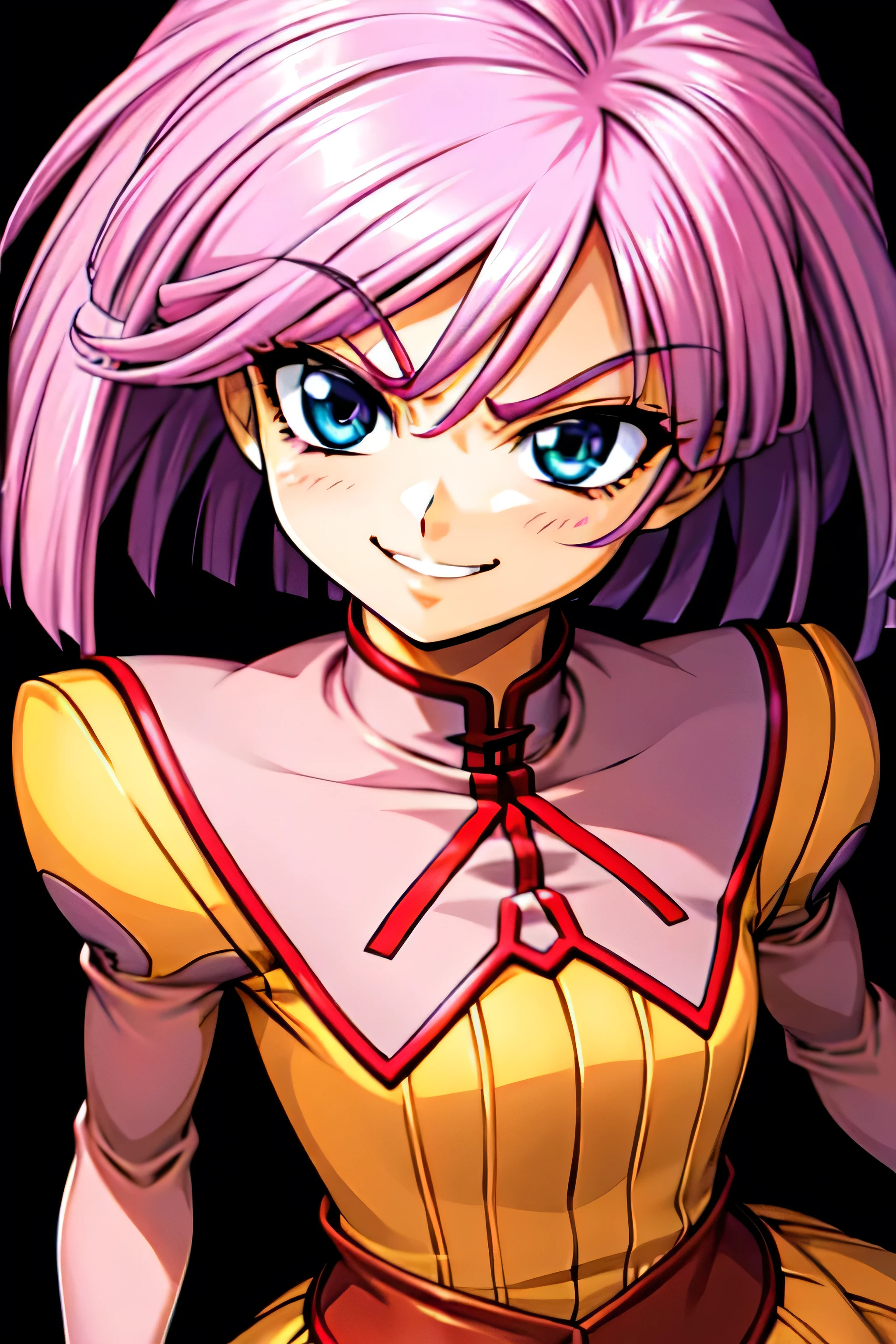 (best_quality 4K, 8K, High resolution, Masterpiece: 1.2), ultra detailed),from_below,(anime_screencap),(1girl,solo),dynamic_angle,too evil_smile,too evil laugh at,tis,deep shaded_face,too sadistic,smile worst,,bob short  hair,,,looking at viewer,upper body,black background,too worst smile,too bad smile,too evil smirk,