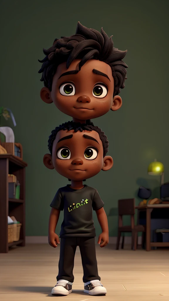  dark-skinned boy with black t-shirt and green pants