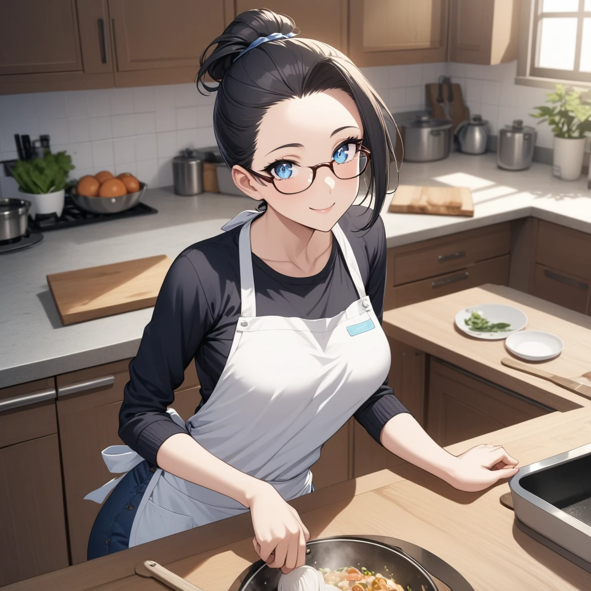 Adult female, highly detailed, glasses, short black hair tied back, blue eyes, smile, kitchen, apron, perfect eyes, high quality