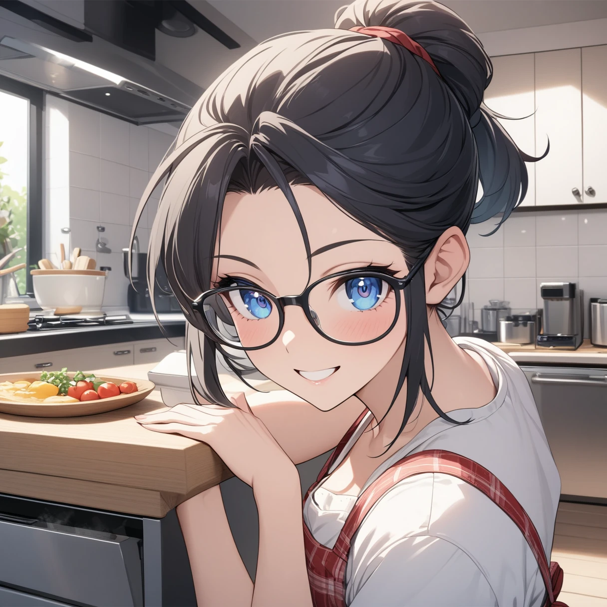 Adult female, highly detailed, glasses, short black hair tied back, blue eyes, smile, kitchen, apron, perfect eyes, high quality