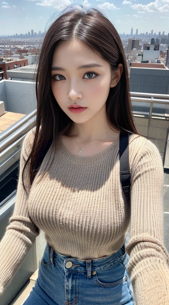((Midnight, Highest quality, 8K, masterpiece :1.3)), whole body, Long legs, Sharp focus :1.2, Beautiful woman with perfect figure :1.4, Slim Abs :1.1, ((Dark brown hair, Big Breasts :1.2)), (Tight sweater,Valley visible, Jean Bib, Are standing:1.2), ((Night city view, rooftop:1.3)), Highly detailed face and skin texture, Fine grain, double eyelid、Age 20 years old