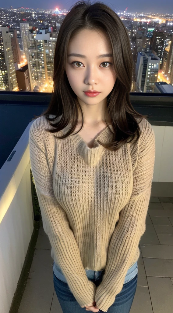 ((Midnight, Highest quality, 8K, masterpiece :1.3)), whole body, Long legs, Sharp focus :1.2, Beautiful woman with perfect figure :1.4, Slim Abs :1.1, ((Dark brown hair, Big Breasts :1.2)), (Tight sweater，Valley visible, Jean Bib, Are standing:1.2), ((Night city view, rooftop:1.3)), Highly detailed face and skin texture, Fine grain, double eyelid、Age 20 years old
