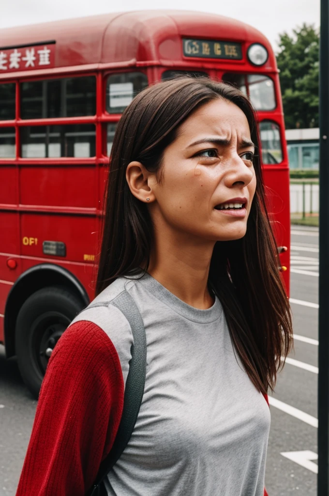 Create an image in which there is a red bus in the background and in the front of the image a woman crying and only her torso is visible