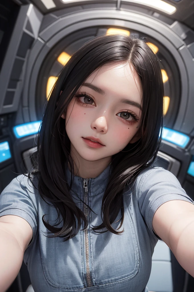 Masterpiece, Best Quality, 8K, Detailed Skin Texture, Detailed Cloth Texture, Beautiful Detail Face, Intricate Detail, Ultra Detailed, Portrait, BLACK Hair, brown Eyes, Head Tilt, Inside the spaceship、Spacecraft crew、