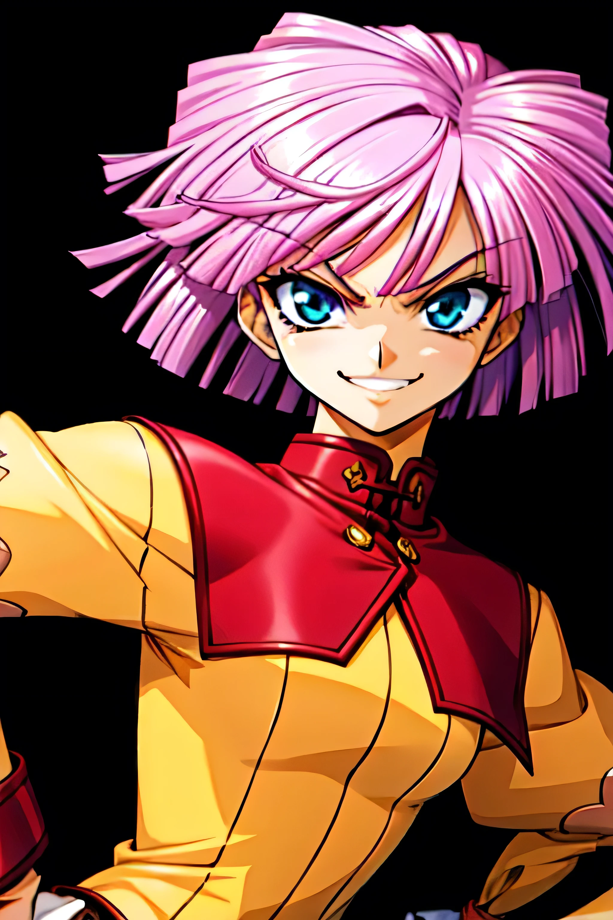 (best_quality 4K, 8K, High resolution, Masterpiece: 1.2), ultra detailed),from_below,(anime_screencap),(1girl,solo),dynamic_angle,too evil_smile,too evil laugh at,tis,deep shaded_face,too sadistic,smile worst,,bob short hair,,,looking at viewer,upper body,black background,too worst smile,too bad smile,too evil smirk,