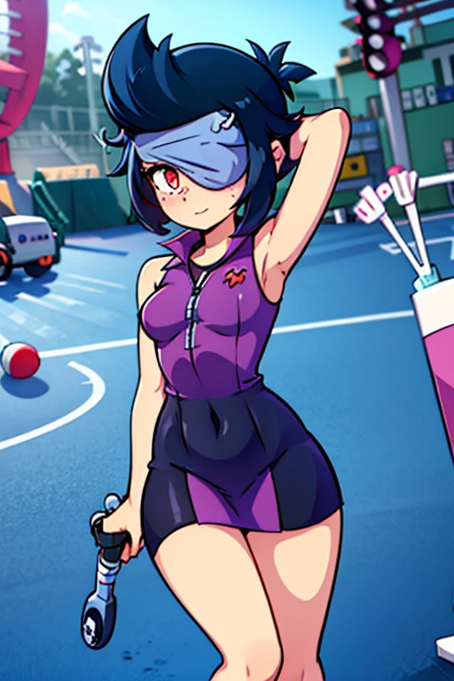 tennis girl in tight mini dress with straight hem, panty, gloved hands hidden behind head, blindfold
