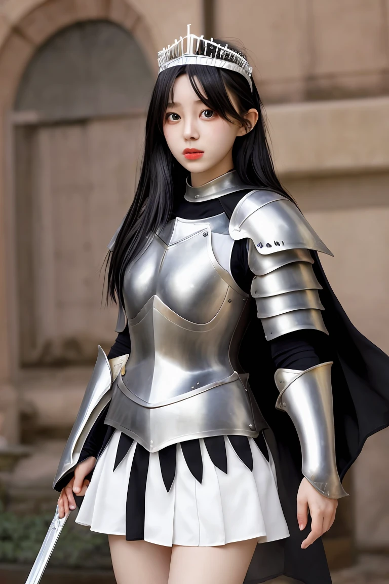 female knight White mini skirt Black Hair hair band armor tiara