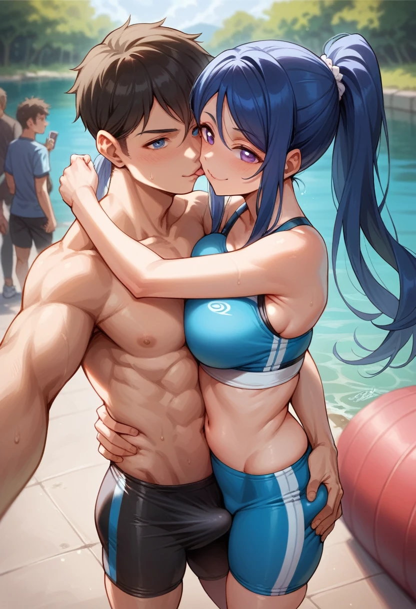 Matsuura kanan love live, long hair, ponytail, blue hair, purple eyes, gym bra, bike shorts, standing, puffy crotch , skindentation , realistic art style , energetic smile,in street, lake in background, 1boys,1girl,taking selfie with boy , erection under clothes ,hug,hip grab and squeeze, kiss