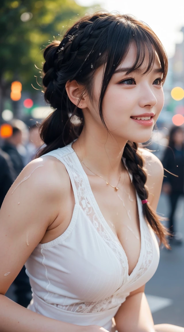 Highest quality, Realistic, 1peopleの女の子, woman,(Skin Dentition),Mid-chest, (bright), (Professional Lighting, Bokeh), (street), people々, crowd, Braided bangs, nice, bloom, Floating Hair, (Dynamic pose:0.6) , Soft lighting, ,((( She is being made to cum)))