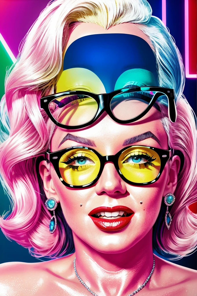 Marilyn Monroe, mouth opened, thongue sticked out, rhinestone frame palette knife style in bright phosphor colors art, printable wall art, funny people prints, funny people, neon glasses, professional photography, detailed rendering, high detail, high resolution, 8k, pixel hyperrealism,300 dpi, high detail, realism,