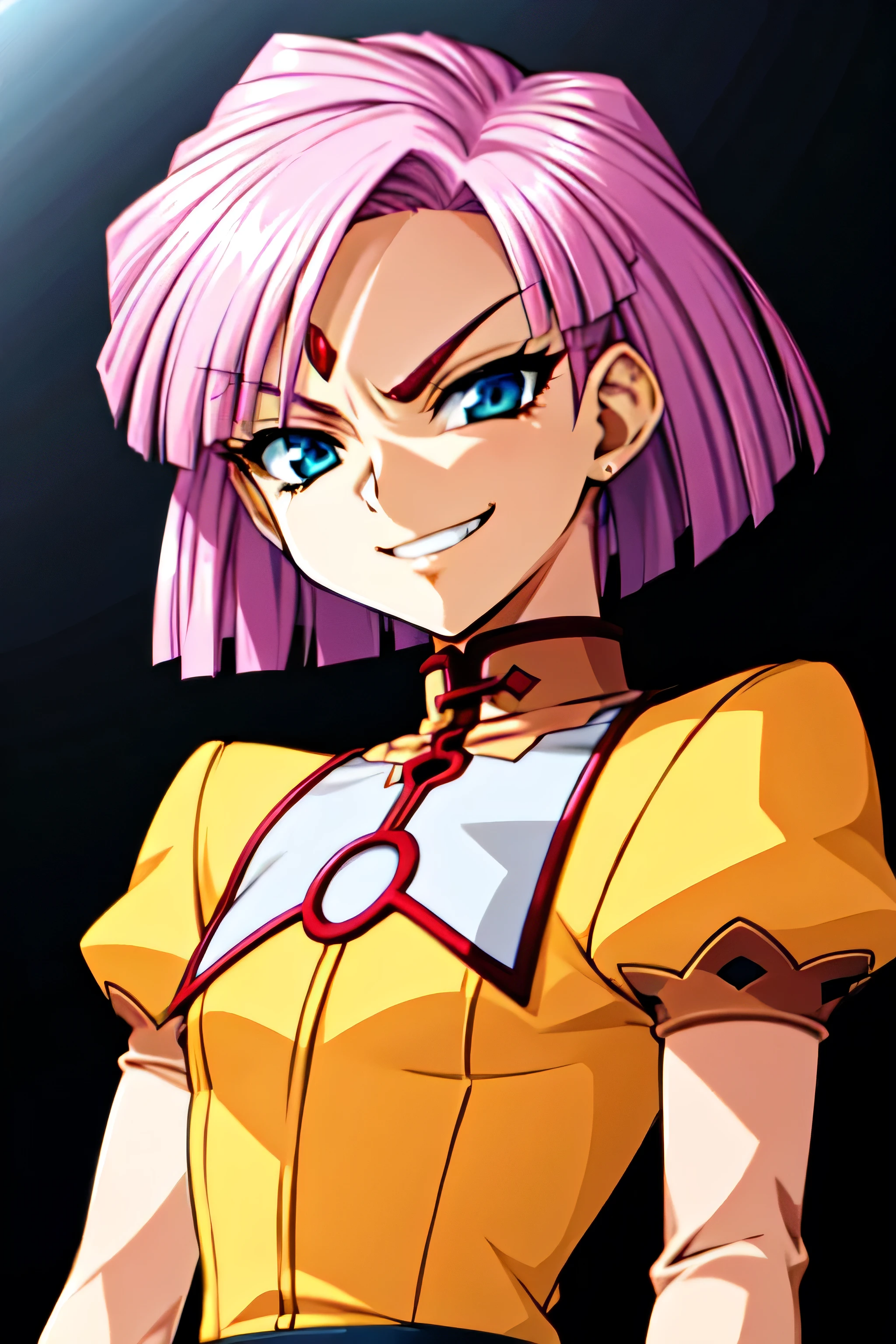 (best_quality 4K, 8K, High resolution, Masterpiece: 1.2), ultra detailed),from_below,(anime_screencap),(1girl,solo),dynamic_angle,too evil_smile,too evil laugh at,tis,deep shaded_face,too sadistic,smile worst,,bob short hair,,,looking at viewer,upper body,black background,too worst smile,too bad smile,too evil smirk,