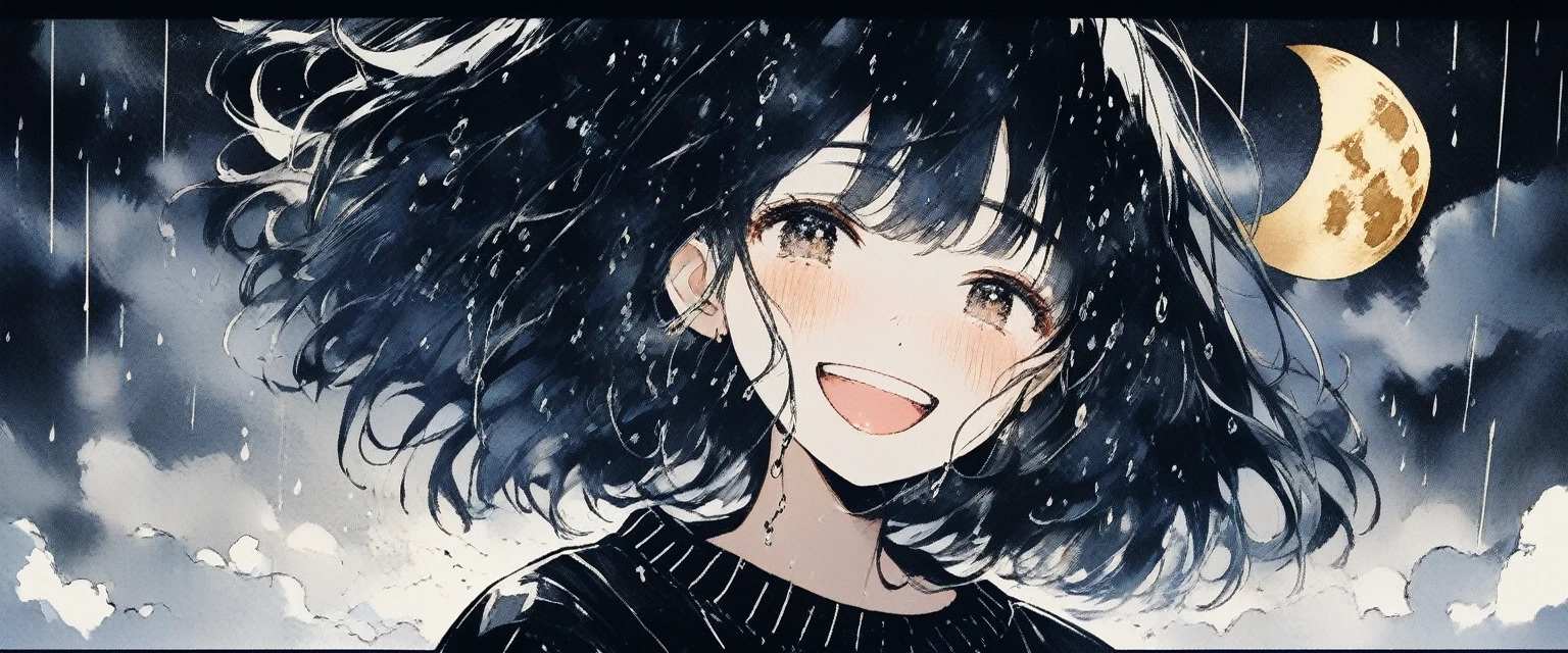 Illustrator, anime , Realistic ,sketch , smile、Laughing with your mouth open、Abstract rain on background、Shining golden full moon、whole body、1 girl, ,lip, sweater,order, Black gradient background, black髪,Short Bob、blacktshirt、Textured Trim, Canadian, (masterpiece,Highest quality) Cancer