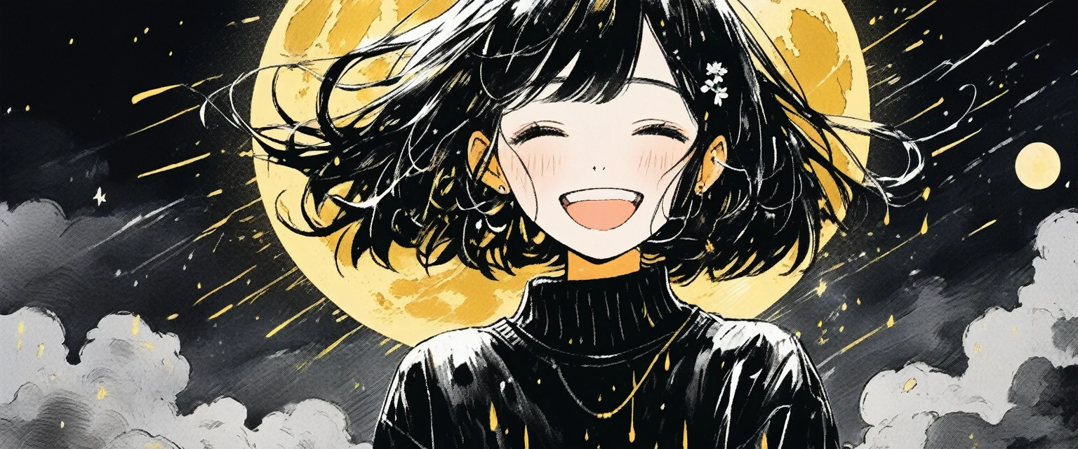 Illustrator, anime , Realistic ,sketch , smile、Laughing with your mouth open、Abstract rain on background、Shining golden full moon、whole body、1 girl, ,lip, sweater,order, Black gradient background, black髪,Short Bob、blacktshirt、Textured Trim, Canadian, (masterpiece,Highest quality) Cancer