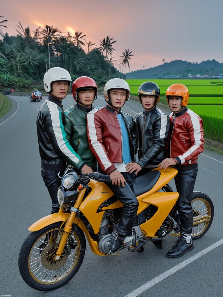 Create a very realistic picture, showing 5 Indonesian men, with clean faces, standing next to a random colored sports motorbike, they are wearing random colored leather jackets, black trousers and random colored shoes. Helmets are placed on motorbikes. The background shows a blurry view of the road between beautiful rice fields, dusk or dawn, someone playing kite, high lighting, clear colors