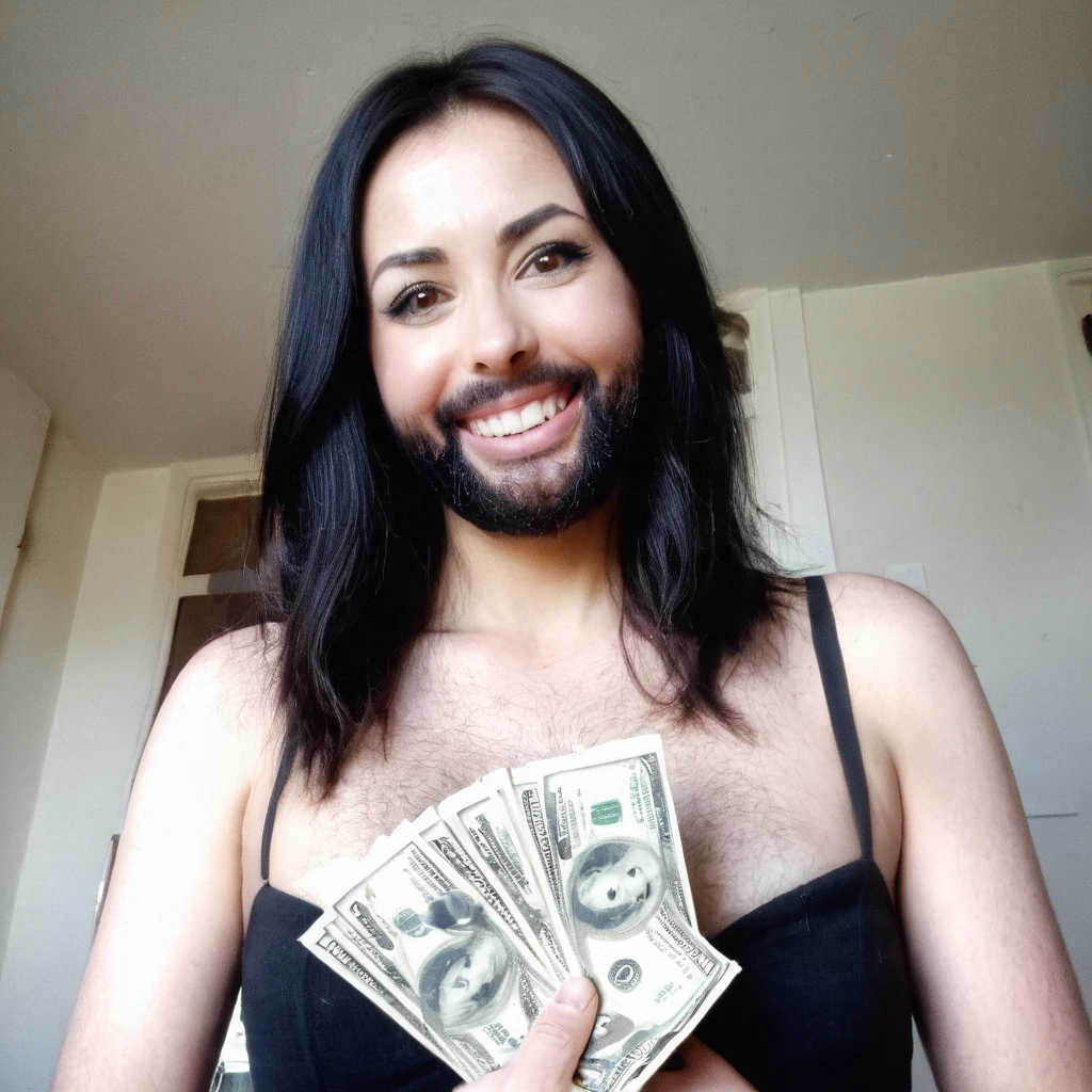 bearded woman beautiful shaggy beard, black hair, brown eyes, eyeliner, proud smile, seductive look, hold a load of dollar bills